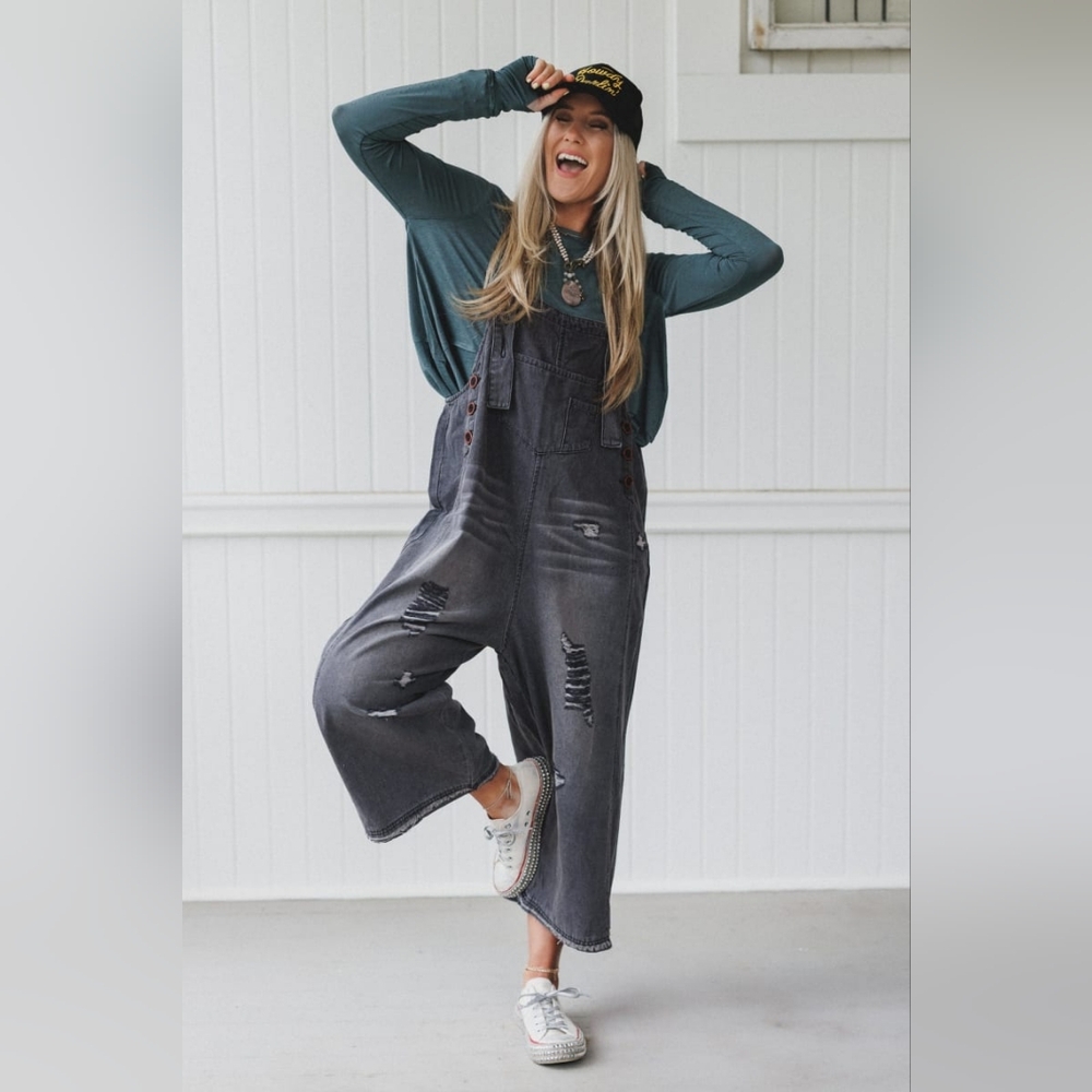Three Bird Nest Gray Denim Overalls